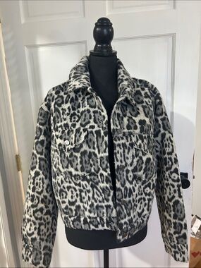GAP Black & White Leopard Print Faux Fur Jean Jacket